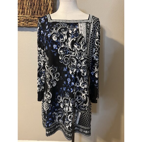 WHBM Dress Black Blue White XL Colorful 3/4 Long Sleeve Stretch Shift Washable - Picture 5 of 12